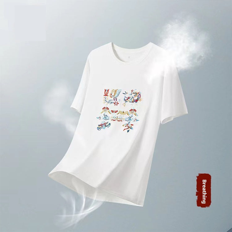 Collector's Edition Dragon Soaring, Phoenix Dancing, Fish Leaping Hand-embroidered Miao Embroidery Short-sleeved T-shirt